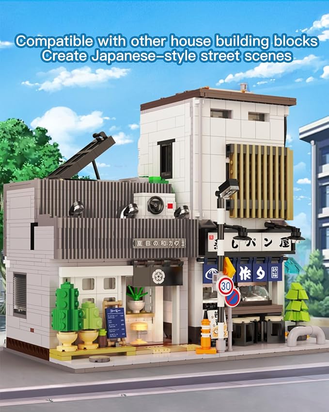 Summer Breeze Japanese Café Building Block Set MOC Kyoto Street View with Lights Japanese Architecture Construction Model Gift for Adults(1108PCS)