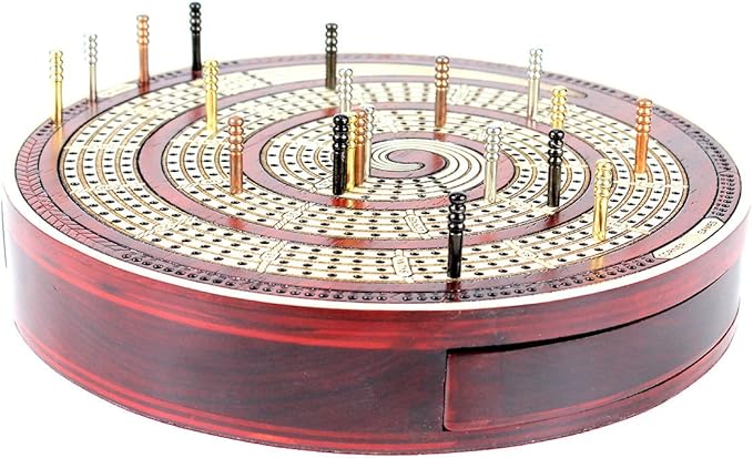 House of Cribbage - Cribbage Board Spiral Design Round Shape 4 Tracks Bloodwood/Maple with Place for Skunks Corners &amp Won Games