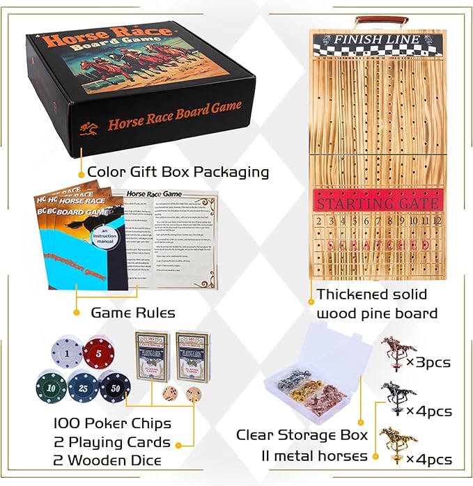 Horse Race Board Game Solid Wood Foldable Racing Board with 11 Metal Horses 2 Dice and 2 Boxes of Cards Portable Travel Game for Family Parties and Holiday Gatherings