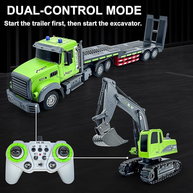 11 Channel RC Semi Truck &amp RC Excavator Toy Set 1:12 Remote Control Flatbed Truck with Trailer Engineering Vehicle with Sound &amp Lights Alloy Bucket Excavator Toys Great Gift for Boys Kids