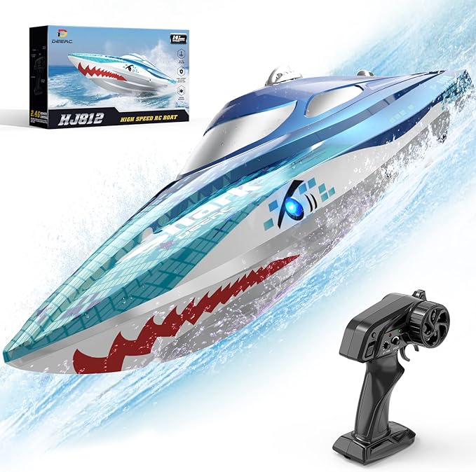 DEERC Full Proportional Remote Control Boat with LED Lights Shark Graffiti 20+ MPH2.4GHz High Speed RC Racing Boats for LakesPool Toys for Kids &amp Adults