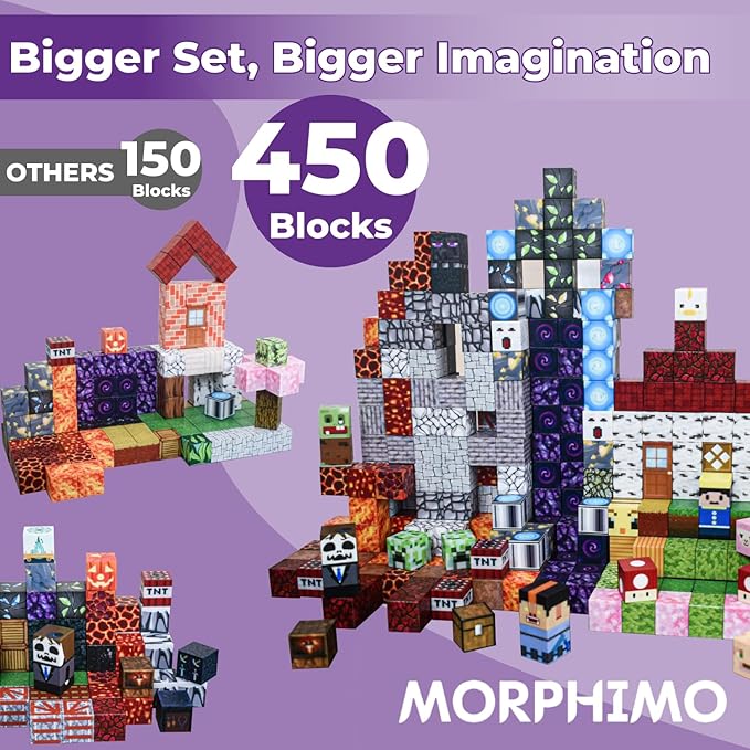 450 PCS Magnetic Building Blocks Set - Big STEM &amp Sensory Toy for Kids - Stacking Magnets - Instruction Book &amp Fabric Storage Bag - Shared Play Toy for Siblings &amp Friends
