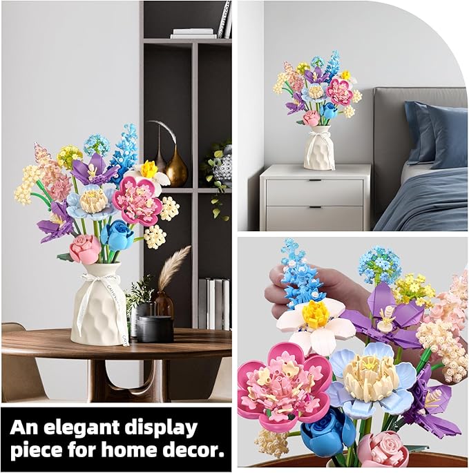 Flower Building Set for Adults Flower Bouquet Botanical Collection Unique Home Décor or Office Décor Great Gift for Her and Him (VASE NOT Included)