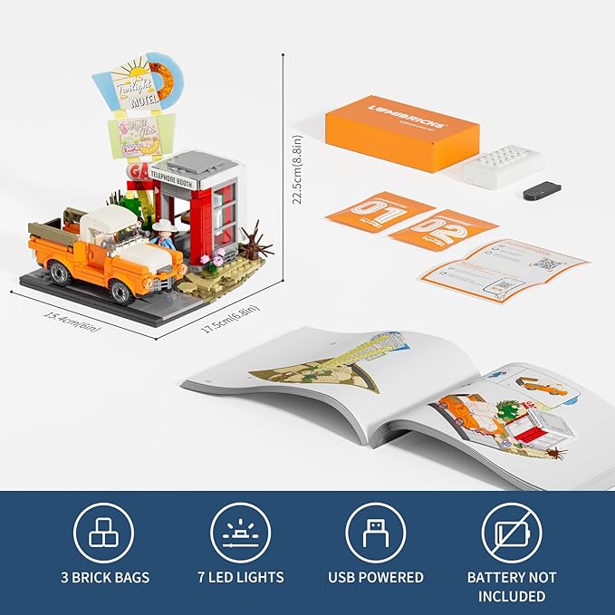 City Sunset-Stopover Lighting-Building-Bricks Set - Road Trip Car Station Modular Collection LED Light Building Set 455 Pcs for Adults Teen and Travelling Enthusiasts