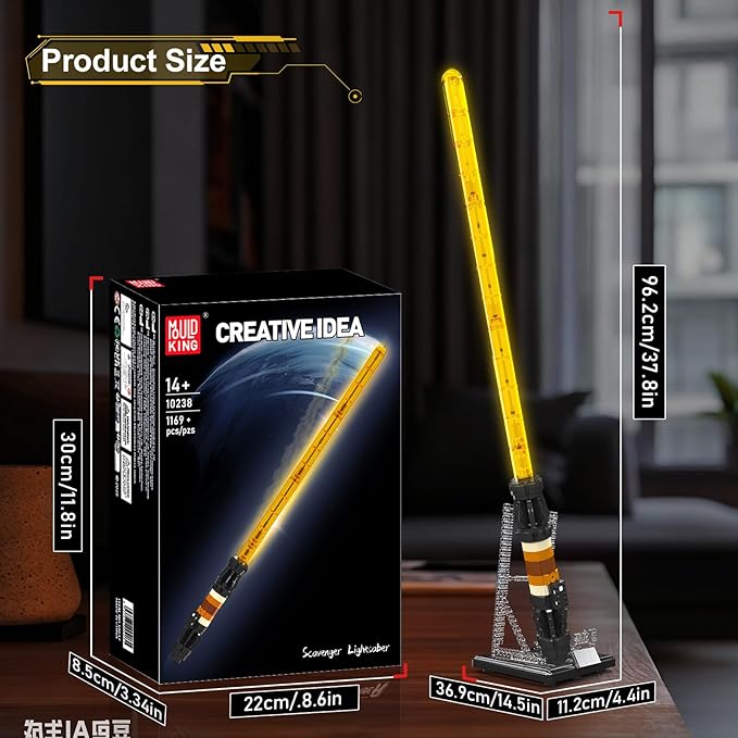 Mould King 10238 Lightsaber Building Set with Stand Rechargeable LED Light Sword for Adult Birthday Thanksgiving Xmas Toys Gift Halloween Cosplay (1169 Pieces)