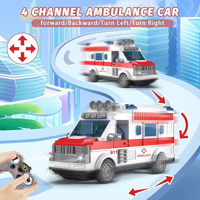 Dollox 1/30 Remote Control Ambulance 2.4G RC Play Car Toy 4 Channel Electric Ambulance Vehicles Emergency Rescue Cars with Lights Opening Door Gifts for Kids Boys Girls Age 3 4 5 6 7
