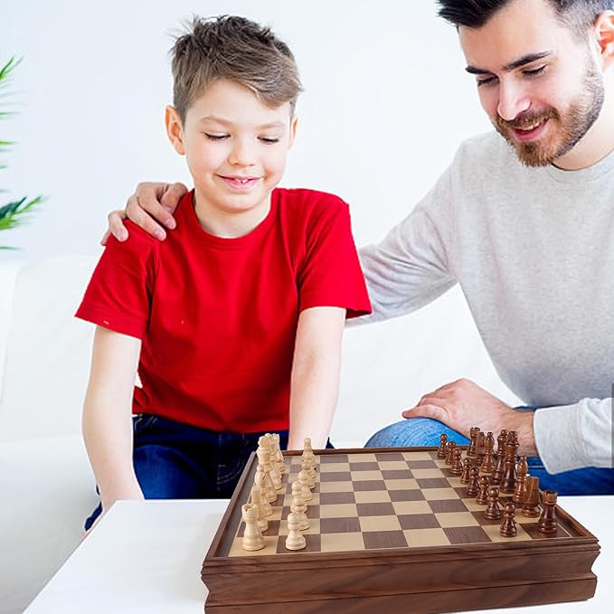 GSE Games &amp Sports Expert 15 Large Wooden 2-in-1 Chess &amp Checkers Board Game Combo Set with Drawer Board Games Chess Checker Set for Kids &amp Adults