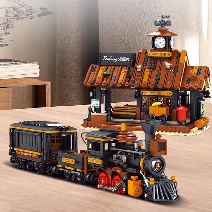 39117 Cowboy City Train Station Building Blocks with LED Lights 2640 PCS Western Railway Station &amp Steam Train Model Kit for Adults Wild West Architecture
