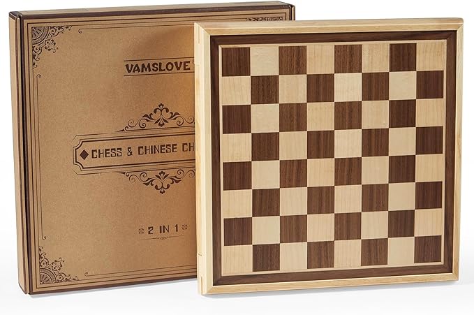 VAMSLOVE 13 Chess Chinese Checkers 2 in 1 Wooden Board Game Set with Pieces Storage Drawer - 2 Extra Queens Bonus Marbles for Birthday Gift (Instructions Included)