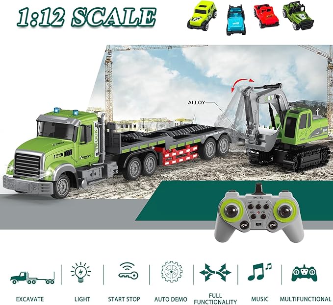 Fistone RC Semi-Trailer Truck &amp Excavator Toy Set 1:12 Scale with Sound and Lights 2.4Ghz Remote Control Flatbed Truck and Excavator Toys for Boys 6-12 Years Old