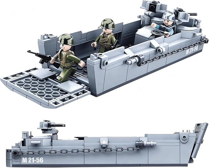 General Jim's WW2 Landing Craft Higgins Boat Building Blocks Set – 325 Pieces with Military Jeep &amp Rotating Figures – Compatible with All Major Brick Brands – Historical WW2 Model Set