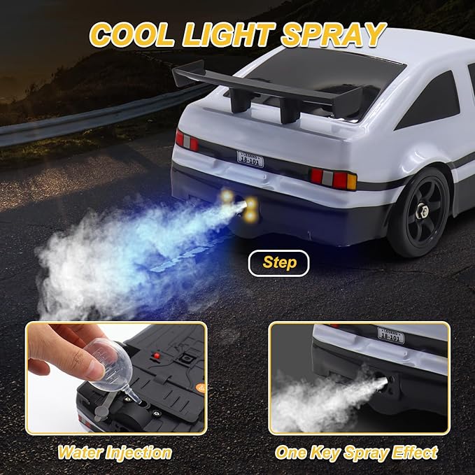 Mostop RC Drift Car 1:16 2.4Ghz Remote Control Drift Car with LED Light Spray 2 Batteries and Extra Tires 18KM/H High Speed Drifting RC Cars 4WD Hobby RC Sport Racing Cars Model Vehicle for Kids