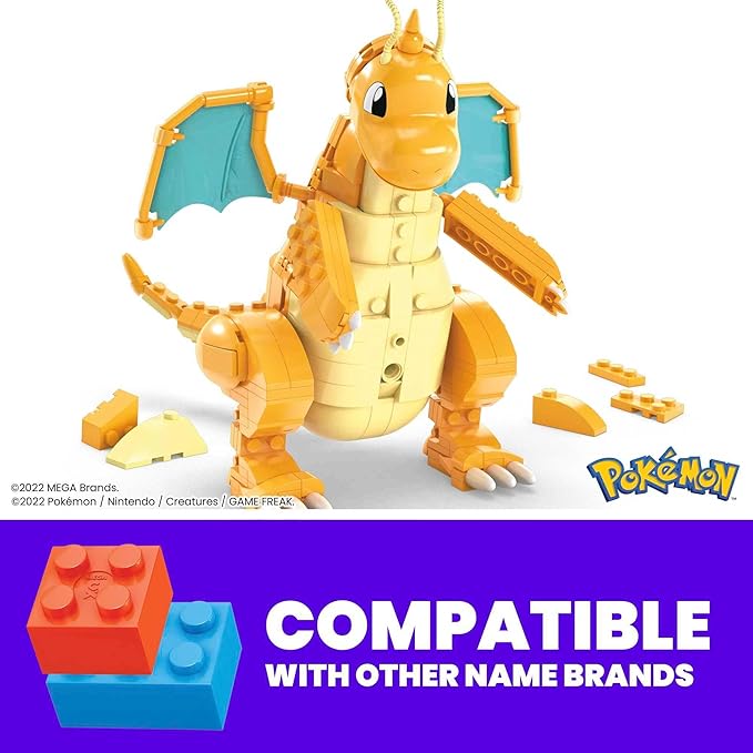 MEGA Pokemon Action Figure Building Toys for Kids Dragonite with 388 Pieces and Wing Flapping Motion Age 9+ Years Old Gift Idea