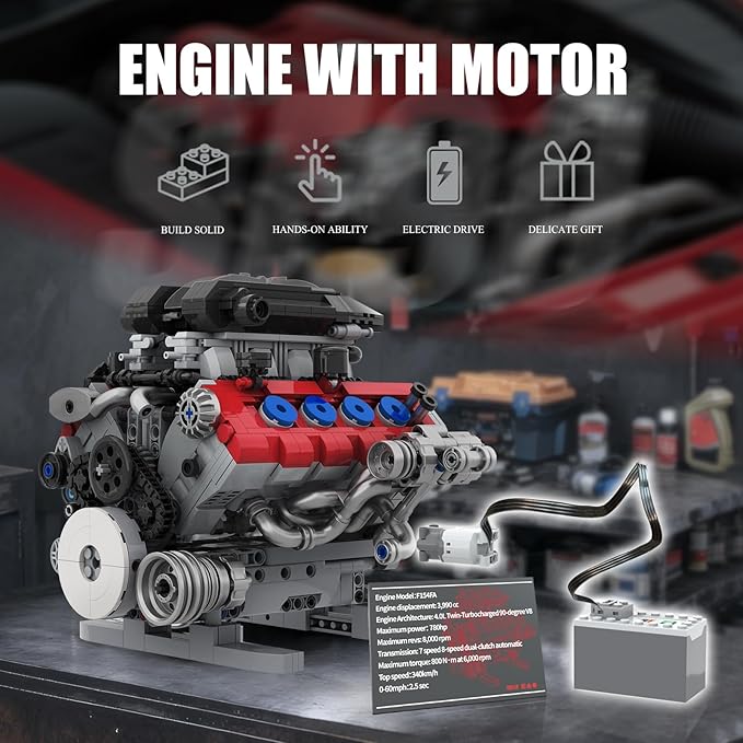 V8 Engine Building Set Model Kit for Adults Build Your Own MOC Mini V8 Engine Model Toy with Motor Display Home Office Decor Ideal Gift 1189PCS