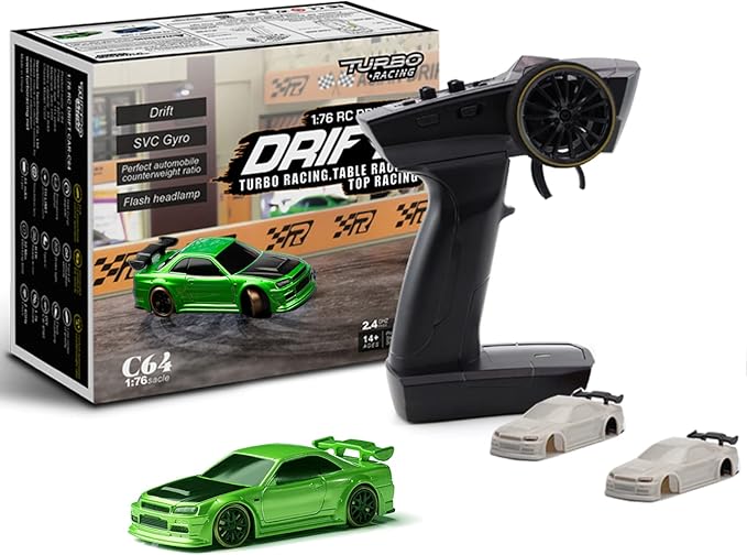 Turbo Racing 1:76 Scale Drift RC Car with Gyro Mini Full Proportional RTR 2.4GHZ Remote Control with 2 Replaceable Body Shell (C64-Green)