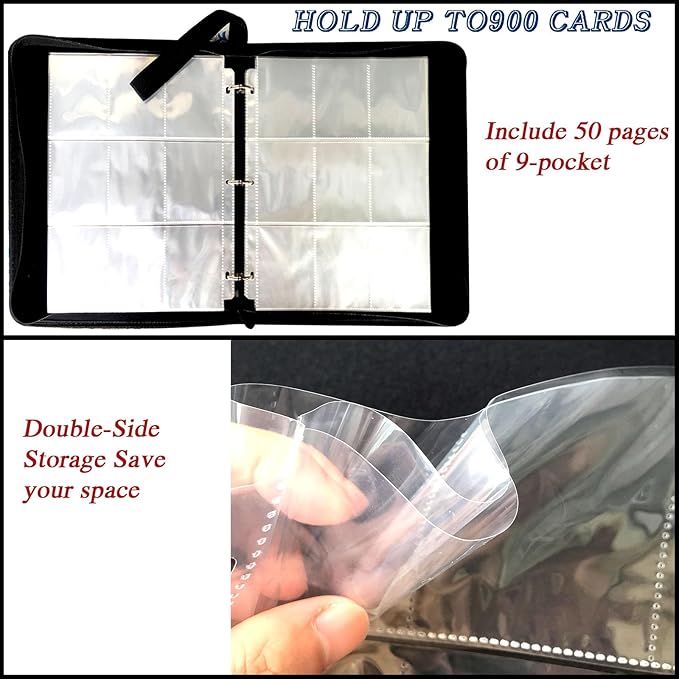900 Pocket Zippered Basketball Card Binder 9-Pocket Trading Card Album with 50 Removable Sleeves PU Leather Waterproof Sports Card Holder for NBA Basketball Cards Storage Display Case Gift