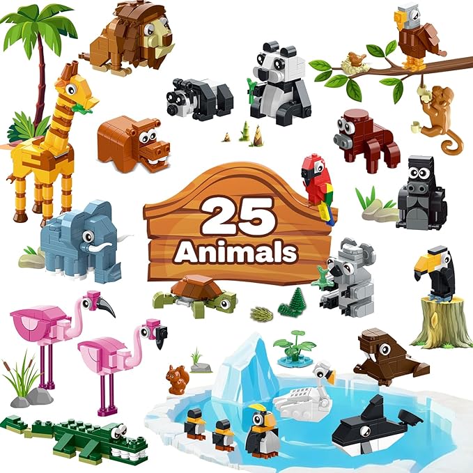 HOGOKIDS 25 Animals Zoo Building Set with Play Mat - 8 Pack Zoo Scene modules Blocks Toy for Easter Valentines Day Party Favors Classroom Prizes Fillers Birthday Gifts for Kids Boys Girls 6+ (1460PCS)