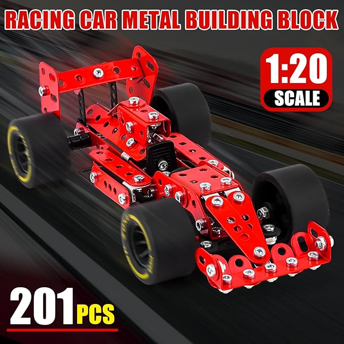 Building Car Metal Model KitsSTEM Building Toys Model Car Kits for Boys 8-12Erector Sets 1:20 Scale Red Racing Car Metal Building Blocks for Kids Boys 8 9 10 11 12-16 Years Old