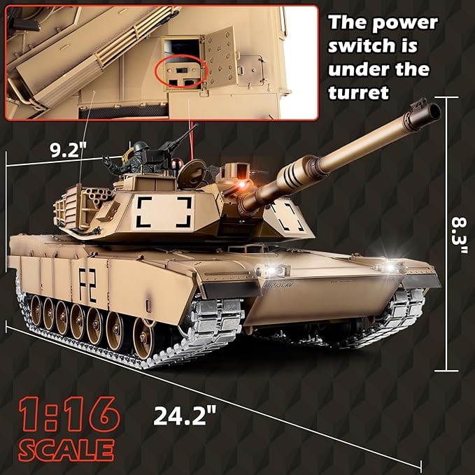1/16 RC Tank Heng Long US M1A2 Abrams Army Toy with Smoke Sound and Lights Remote Control Tank That Shoots with Upgraded Metal Tracks Idler and Sprocket Wheel Steel Gearbox Batteries*2