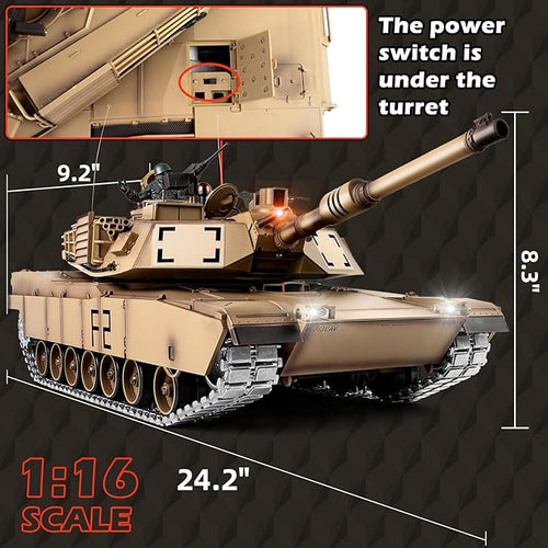 1/16 RC Tank Heng Long US M1A2 Abrams Army Toy with Smoke Sound and Lights Remote Control Tank That Shoots with Upgraded Metal Tracks Idler and Sprocket Wheel Steel Gearbox Batteries*2