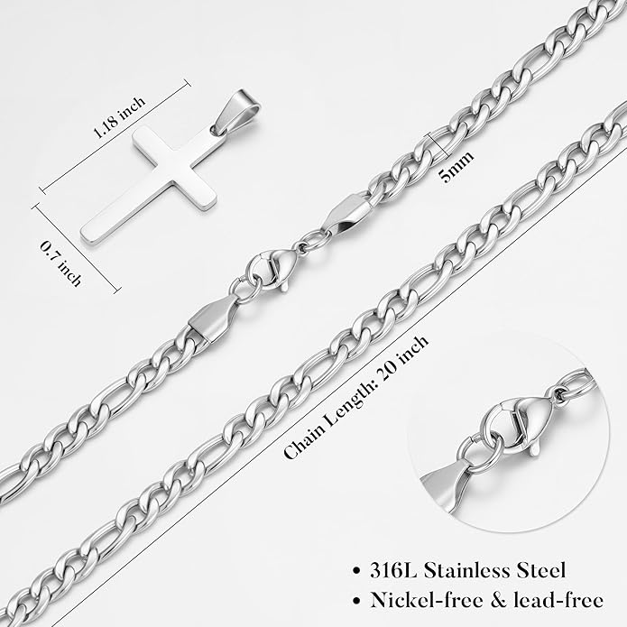 IEFLIFE Easter Basket Stuffers - Cross Necklace Easter Gifts for Men Boys Silver Figaro Chain Cross Necklace Jewelry Christian Baptism Gifts for Boys Birthday Gift for Dad Husband Son Grandson