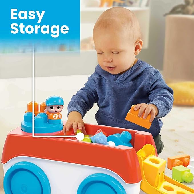 Mega Bloks First Builders Toddler Building Toy Set Block Spinning Wagon with 20 Pieces and Storage 1 Figure Ages 1+ Years
