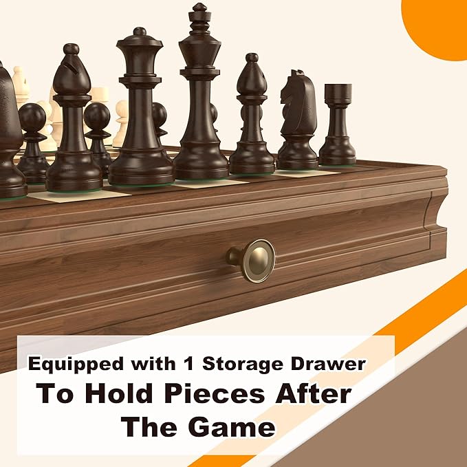 Premium Natural Walnut 13 x 13 Magnetic Wooden Chess Set with 1 Built-in Storage Drawers - 2 Bonus Extra Queens - 24 Checkers Pieces - Staunton Chess Pieces Board Games Chess Sets