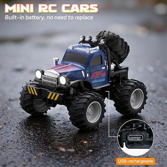 Snugzy Mini RC Car 1:64 Scale RC Truck for Kids with Trailer 2.4Ghz Remote Control Rechargeable RC Cars Toy Gifts for Boys Girls Adult (Blue)