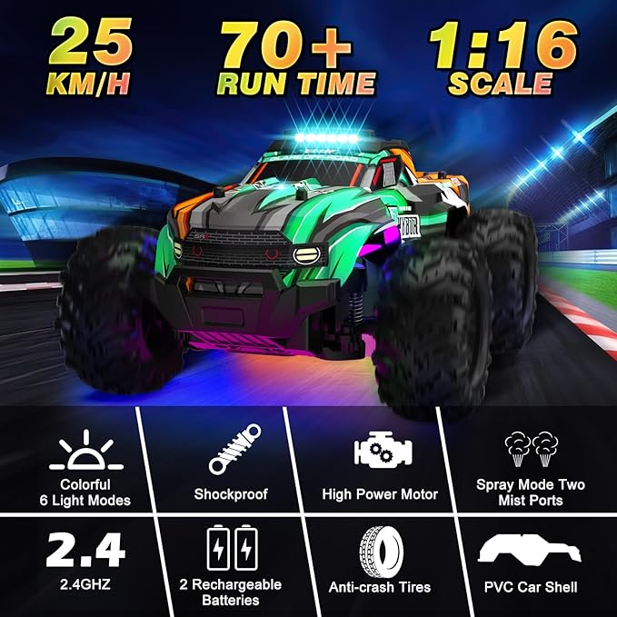 BLUEJAY Remote Control Car 1:16 All Terrain High Speed RC Cars Truck for Boy Rechargeable Monster RC Truck with Cool LED Lights &amp Spray RC Cars Toys Gifts for Adults Kids Boys Girls 4-7 8-12