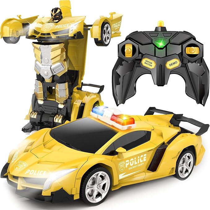 Transform Remote Control Car - Rc Cars One-Button Transforming 360° Rotation Drifting 2.4ghz 1:18 Scale Gift Kids Aged 4-6 Year Old Boys/Girls Police Car Yellow
