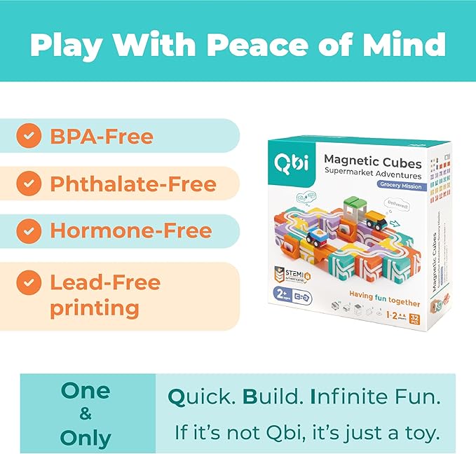 QBI Magnetic Blocks for Toddlers Ages 2-4｜STEM Magnetic Building Blocks with Trucks &amp Fruit Tiles｜Montessori Magnet Building Cubes for Kids｜Educational Gifts for Boys &amp Girls Ages 2+ (32PCS)