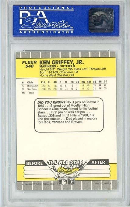 Graded 1989 Fleer Ken Griffey Jr. #548 Rookie RC Baseball Card PSA 9 Mint