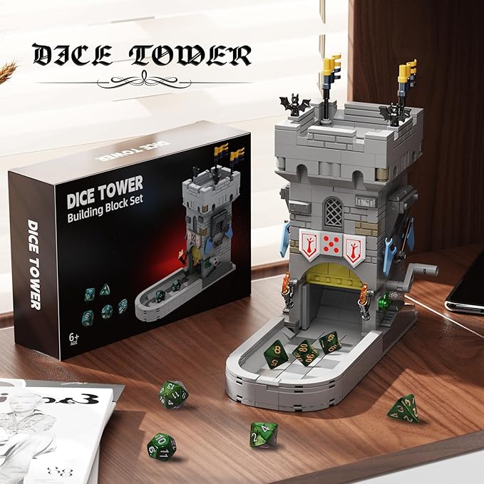 Dice Tower Castle Building Set Creative Tabletop Games Toy with 7-Die Polyhedral Dice for DND Pathfinder Suitable for Gamers and Enthusiasts