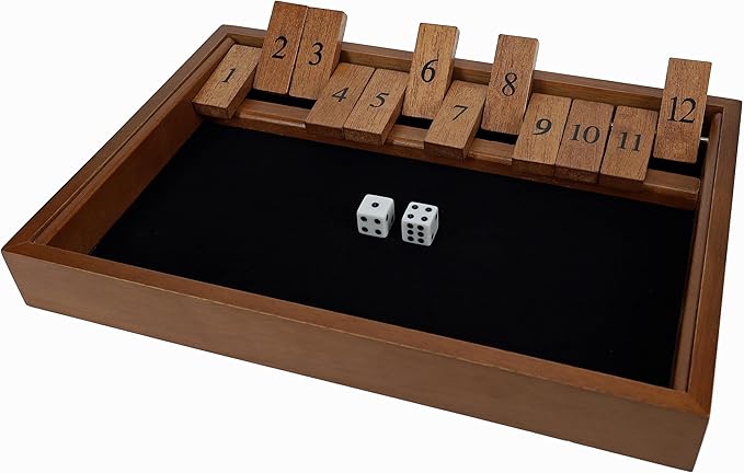 WE Games Wooden Shut The Box - Close The Box Set with 12 Number Tiles &amp 2 Dice Games - 13.5” Walnut Stained Finish
