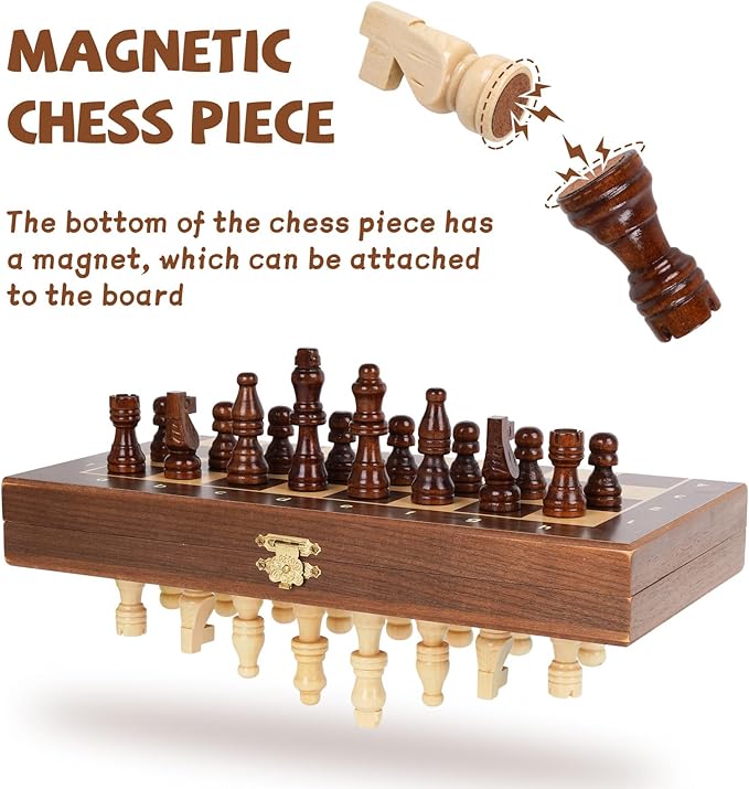 Magnetic Travel Chess Set 12-inch Wooden Magnetic Chess Board 2 Extra Queen Folding Chessboard for Storage Toys &amp Games for Adults Vintage Chess Game – Family Board Games Educational Toy Sets