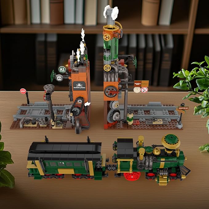 NUTCRACKER Retro Steam Train Building Set 2 in 1 Medieval Train Station Building Model Train Book Ends Bookshelf DIY Toy Building Set Easter Birthday Gift for Adults Boys Girls (1379 Pieces)