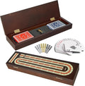 Cribbage Board Game Set Continuous 3 Track Wooden Board with Magnetic Lock 9 Metal Pegs 2 Playing Cards Large Storage Area Travel Portable Travel Cribbage Boards for Adult Child
