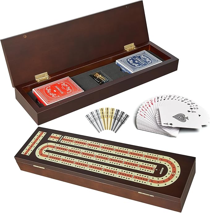 Cribbage Board Game Set Continuous 3 Track Wooden Board with Magnetic Lock 9 Metal Pegs 2 Playing Cards Large Storage Area Travel Portable Travel Cribbage Boards for Adult Child
