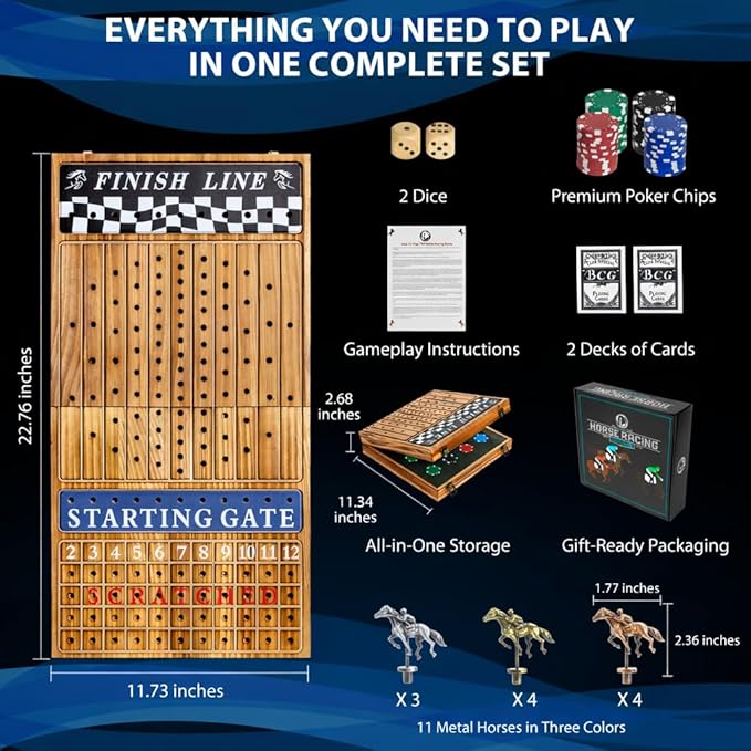 Horse Racing Board Game - 23x12 - Derby Classic Horse Race Game with 11 Metal Horses - Foldable Wood Horse Game with Dice Premium Chips &amp 2 Packs of Cards - Rustic Brown