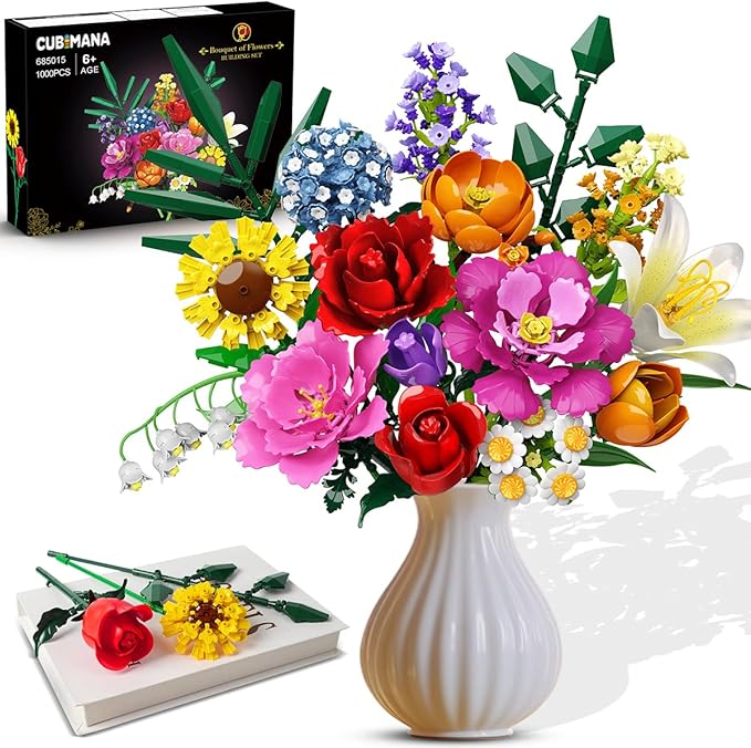 Flower Bouquet Building Set 1043 PCS Bouquet Botanicals Collection Easter Gift for Her Girlfriend Wife 15 Artificial Flowers Building Blocks Home Decor for Adults Kids Teens Women Birthday