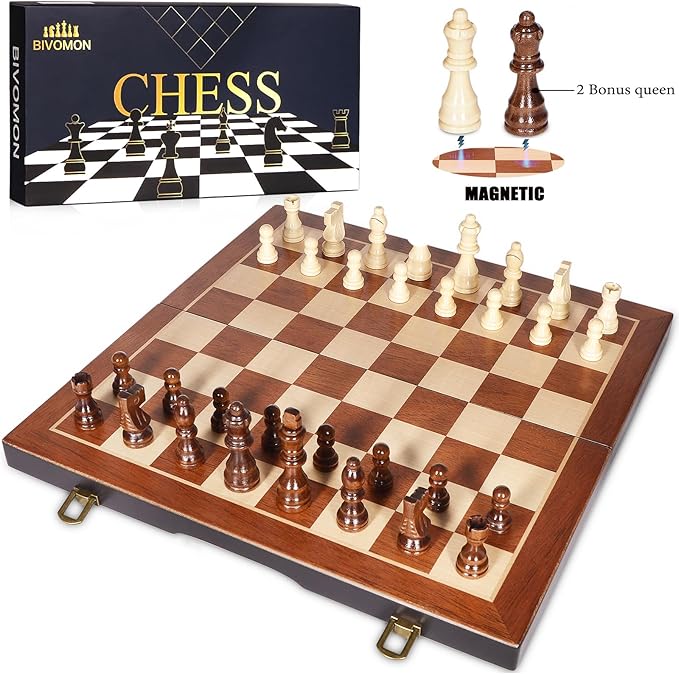 Chess Magnetic Wooden Chess Set 15 Unique Chess Board Game with Chess Pieces Storage Slots Tournament Portable Folding Travel Chess Sets for Kids Adults Beginner and Pros 2 Extra Queens