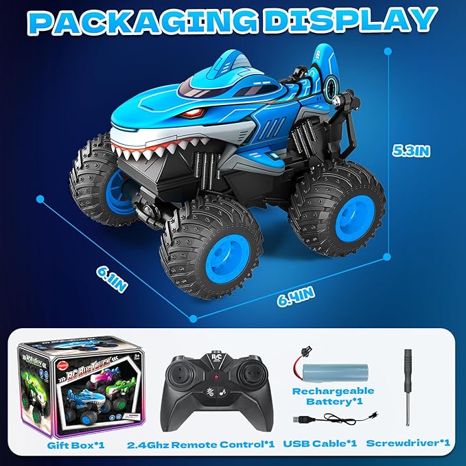 YongnKids Remote Control Car Shark Monster Trucks for Boys Age 4-7 2.4Ghz Rchargeable Rc Car with Music &amp Light360° Rotating Stunts RC Truck Toy for Kids 3-5 6 7 8-12 Birthday Easter Gift