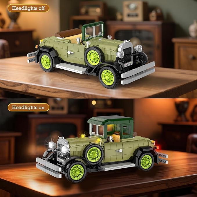 Vintage Classic Car Model Building Set with Light for Adults Boys Girls (1297 PCS) Antique Cars Model Home Office Collection Retro Classic Car Building Toy