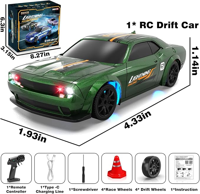 Mini RC Drift Car 1/43 2.4GHz RC Drift Cars with Gyro 4WD Full Proporitonal High Speed Remote Control Car with LED Lights and Drifting Tires Hobby Racing Cars for Adults Kids Boys Green