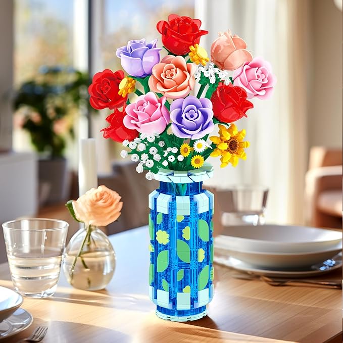 Roses Flowers Building Set with Vase &amp LED Light Easter/Birthday Day Gift for Her/Him 16 Mini Flowers Bouquet Building Blocks Toy Artificial Flowers for Home Office Decor &amp Display