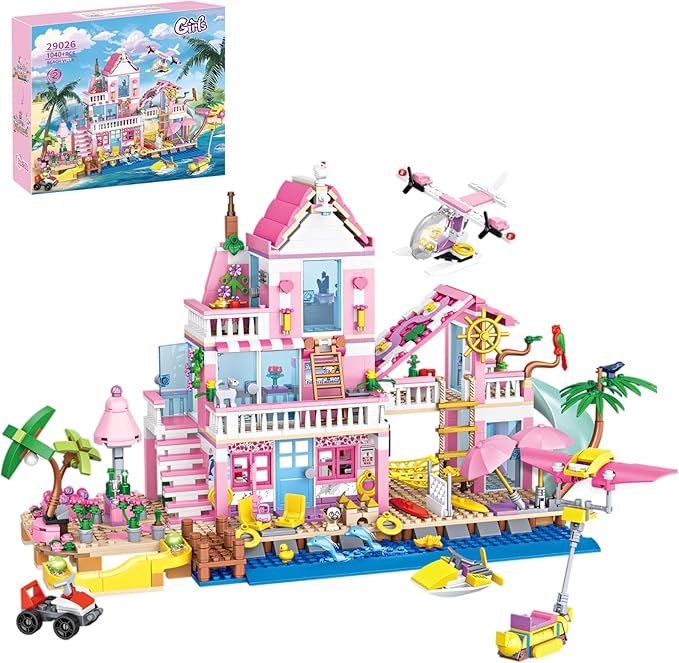 Beach Villa Building Block Set Deluxe 2-Story Vacation Resort with Pool Palm Trees &amp Fun Details STEM Toy for Kids Teens