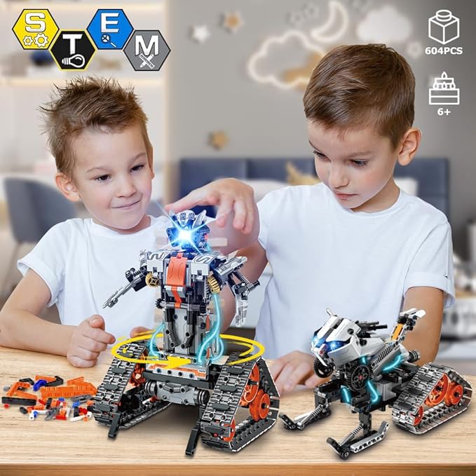 HOGOKIDS 5 in 1 STEM Building Set with LED Light - APP &amp Remote Controlled Cars Building Toys Kit RC Robot Tank Sleigh Tracked Racer 604 PCS Toy Gifts for Kids Boys Girls Ages 6 7 8 9 10 11 12+