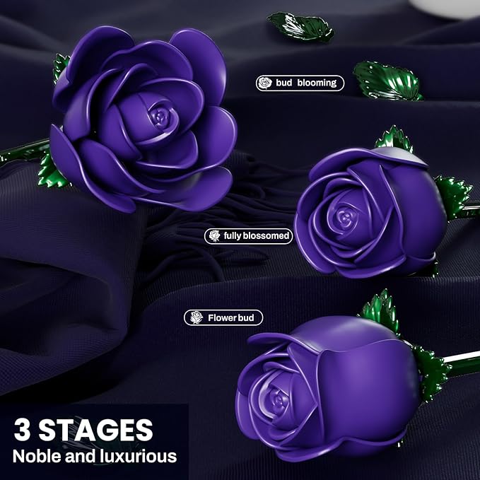 Purple Rose Bouquet Building Set for Girls &amp Boys - 12 Pack Botanical Collection Gift for Easter Basket Artificial Flowers Botanical Collection Centerpiece Retro Decor