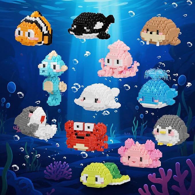 12 Pack Cute Ocean Sea Animal Mini Building Blocks Sets 2642 PCS Micro Mini Building Bricks Toy for Adults Party Favors for Teen Boys Girls 14+