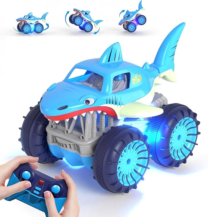 MaxTronic Fast Direct Charging Remote Control Car Rechargeable Amphibious RC Cars with 2.4Ghz 4WD All Terrain Waterproof RC Shark Monster Truck Toys for Boys Girls 3-12 Years